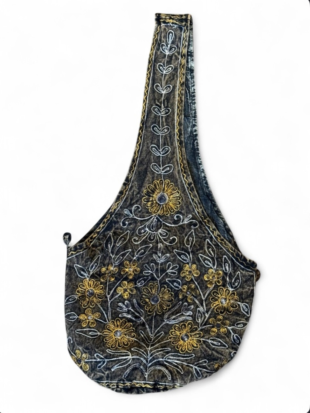 Embroidered Floral Sling Bag in Dark Gray and Gold